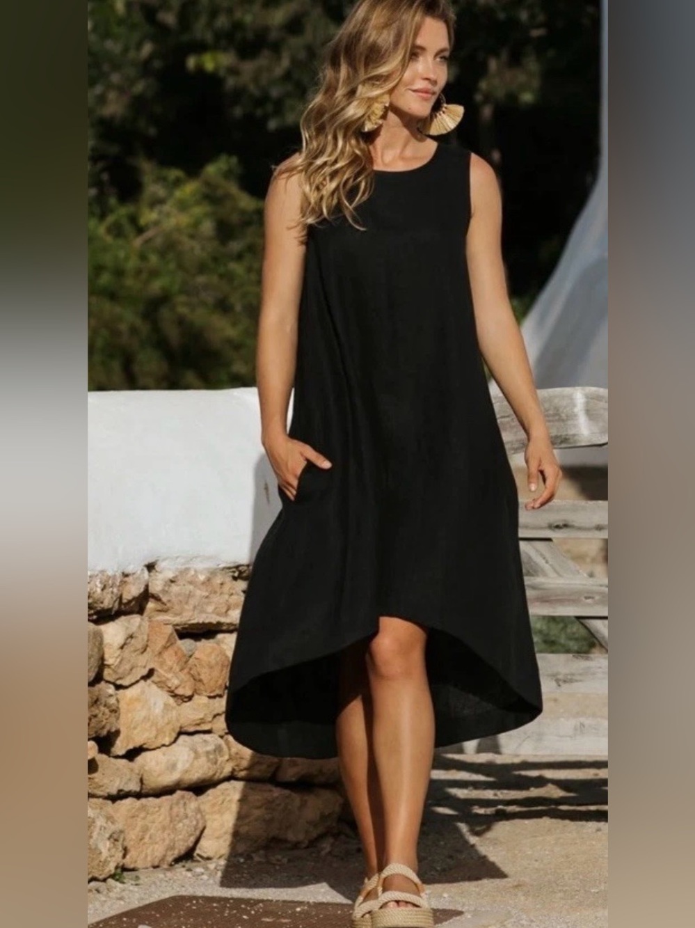 Magic Linen Black High Low Sleeveless Lagenlook Dress Sz XS